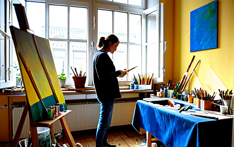 제약 기반 창의성을 위한 교육적 기법 - The Artist's Studio - Focused Creativity**
Prompt: "A bright, cozy artist's studio in Berlin. A pai...