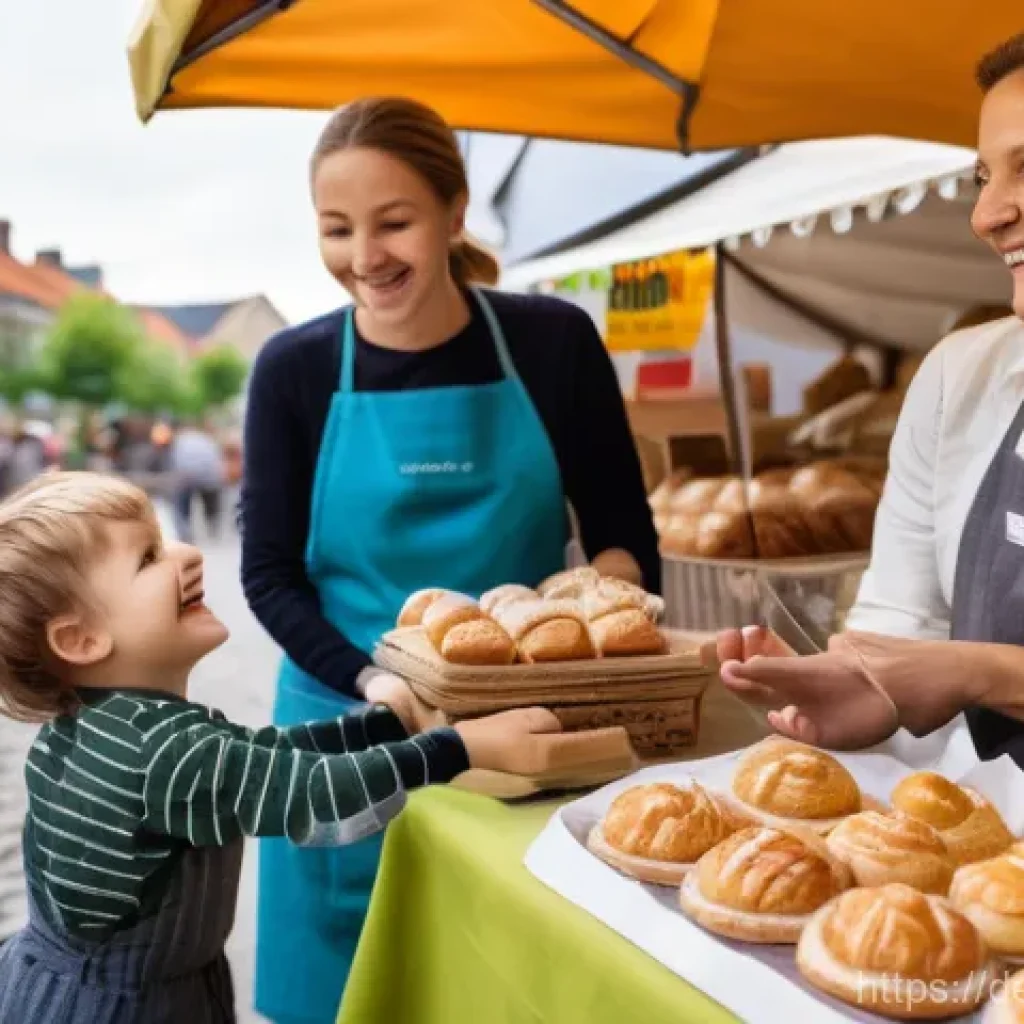 제약 기반 창의성을 활용한 마케팅 전략 - A friendly, middle-aged German bakery owner, wearing a clean apron over her clothes, stands behind a...