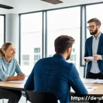 Home 22 제약 기반 창의성의 커뮤니케이션 기술 - A modern German office meeting scene focused on effective communication with limited resources: a di...