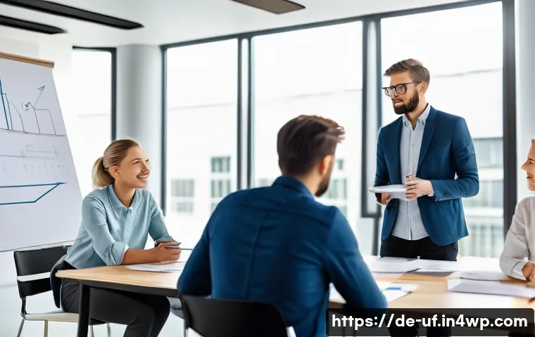 제약 기반 창의성의 커뮤니케이션 기술 - A modern German office meeting scene focused on effective communication with limited resources: a di...