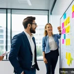Home 20 제약 기반 창의성으로 팀의 효율성 높이기 - A diverse agile team of professionals in a modern office brainstorming around a whiteboard filled wi...