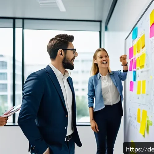 Home 32 제약 기반 창의성으로 팀의 효율성 높이기 - A diverse agile team of professionals in a modern office brainstorming around a whiteboard filled wi...