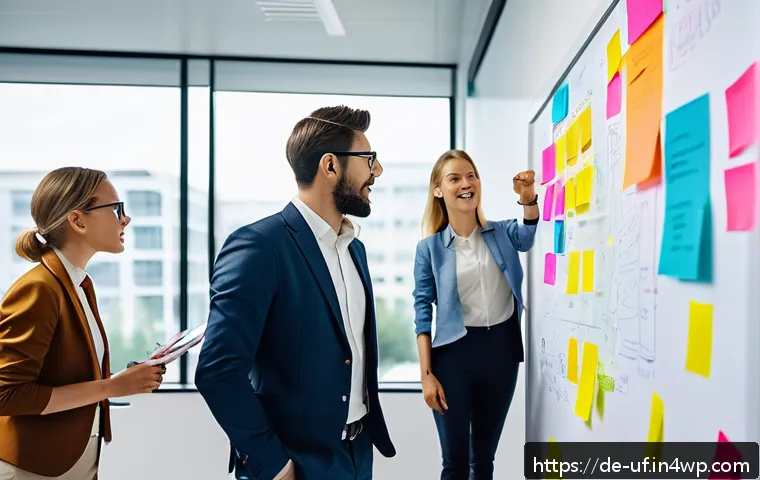 제약 기반 창의성으로 팀의 효율성 높이기 - A diverse agile team of professionals in a modern office brainstorming around a whiteboard filled wi...