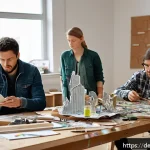 Home 19 제약 기반 창의성과 동기 부여 - A modern art studio scene featuring a diverse group of artists working with limited recycled materia...
