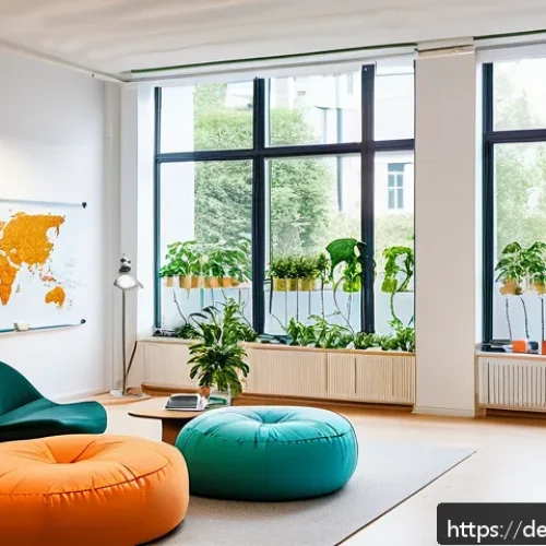 Home 30 제약 기반 창의성을 증진하는 환경 조성법 - A modern, bright creative workspace designed for a German design thinking team, featuring large wind...