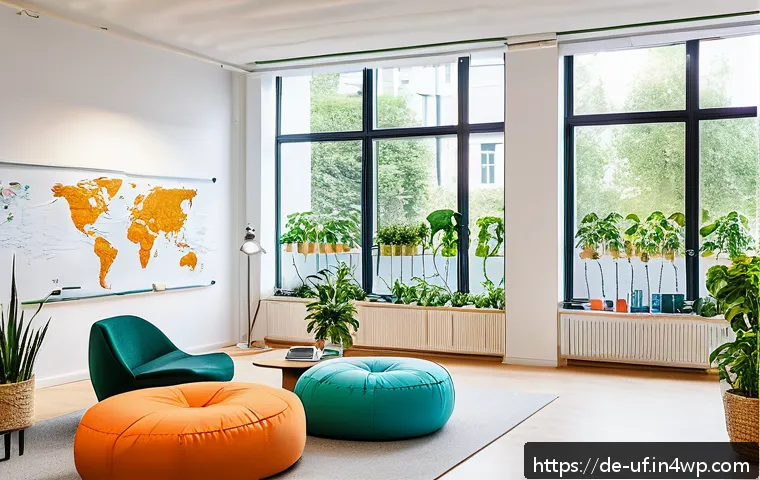 제약 기반 창의성을 증진하는 환경 조성법 - A modern, bright creative workspace designed for a German design thinking team, featuring large wind...
