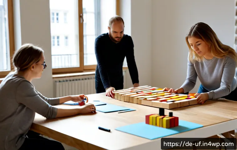 Home 17 제약 기반 창의성의 활용 방안 정리 - Photorealistic creative workshop in a modern German design studio, diverse adult team using a limite...